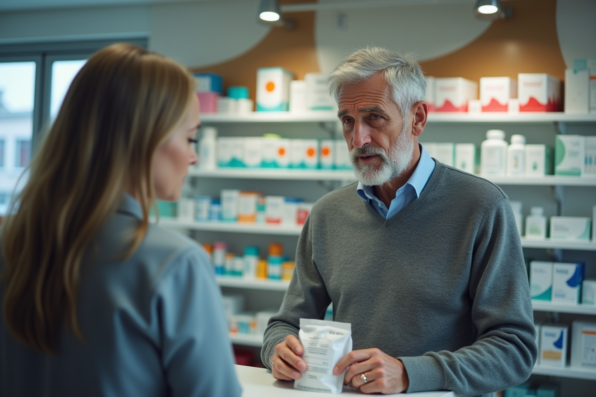 Homme âgé consulte un pharmacien au comptoir de la pharmacie