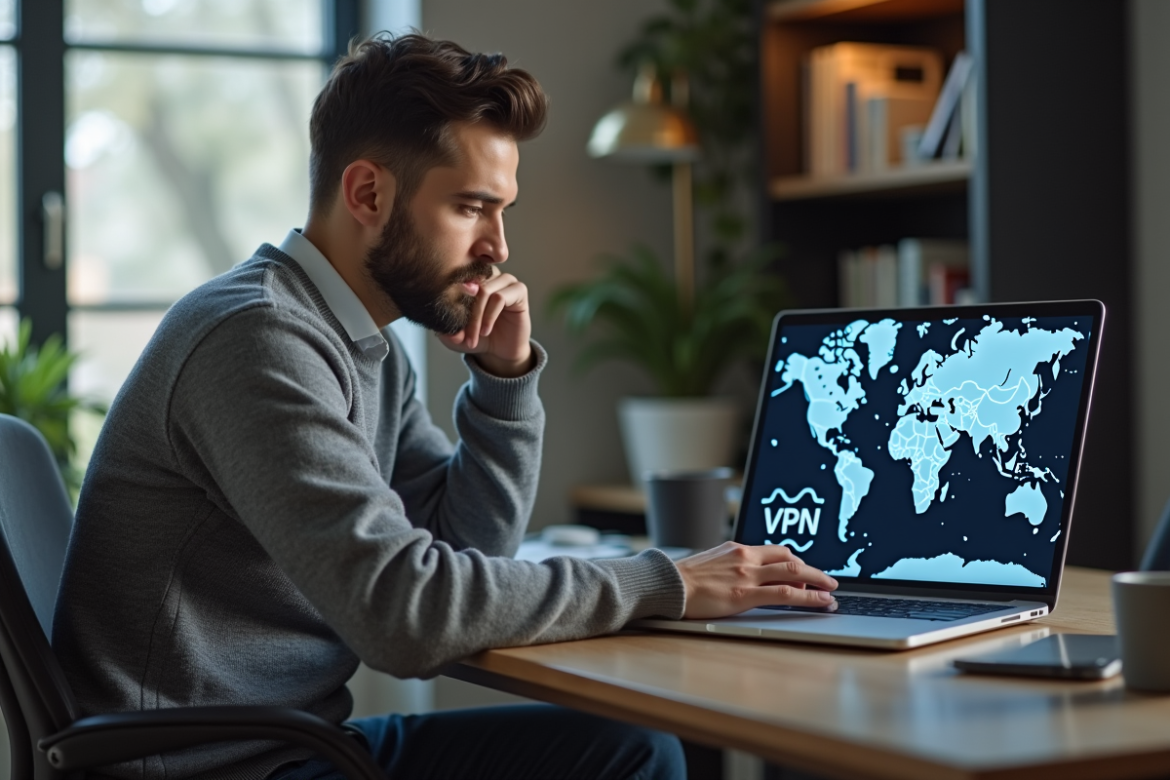 Jeune homme concentré sur son ordinateur avec carte réseau VPN