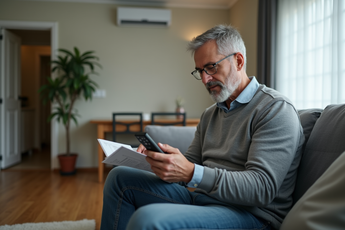 Homme d'âge moyen utilisant une télécommande Fujitsu dans un salon moderne
