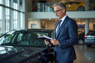 Homme en costume navy inspectant un véhicule en concession