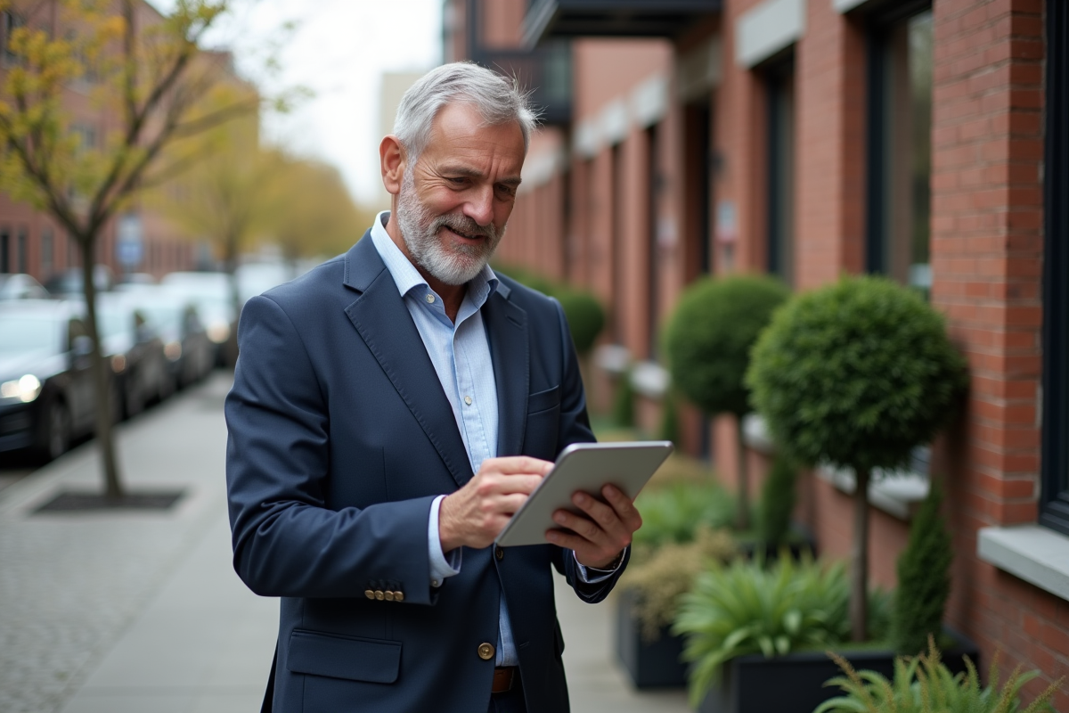 Homme vérifiant une tablette devant un immeuble rénové