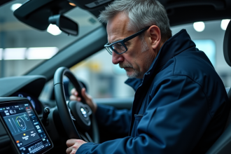 Ingénieur automobile examinant un tableau de bord numérique