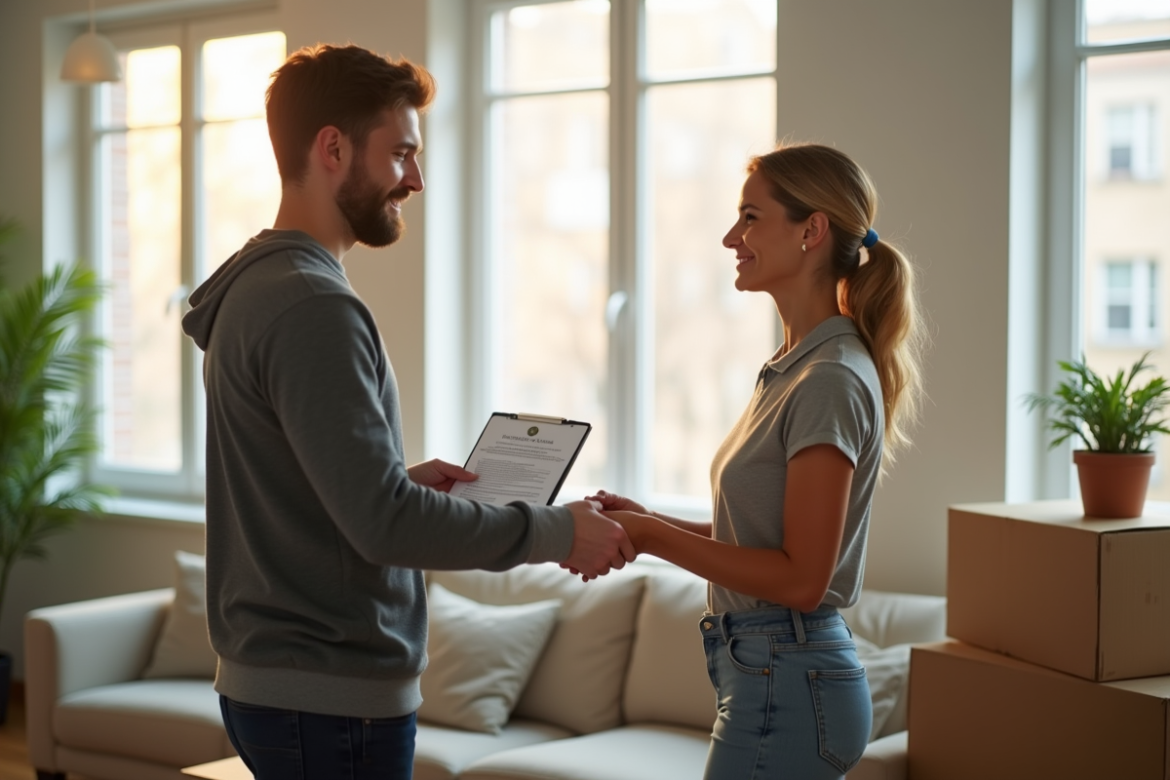 Jeune adulte remettant les clés au propriétaire dans un appartement lumineux