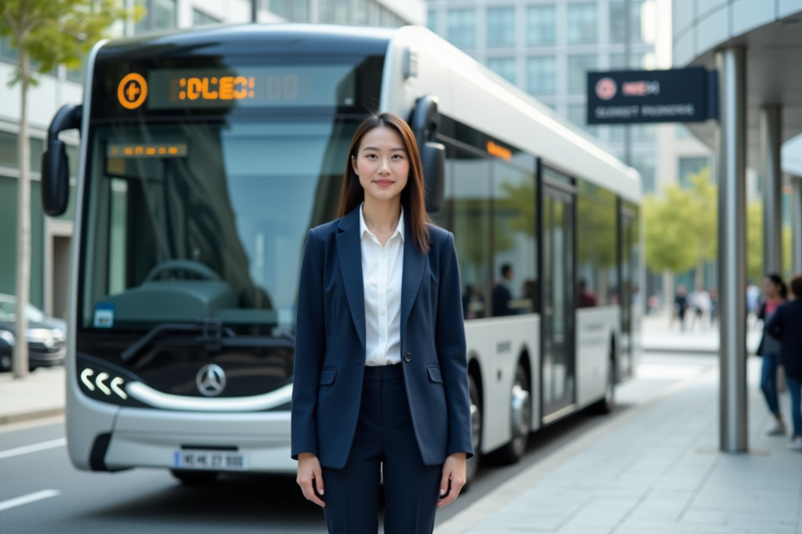 Jeune ingénieure devant un bus électrique autonome moderne