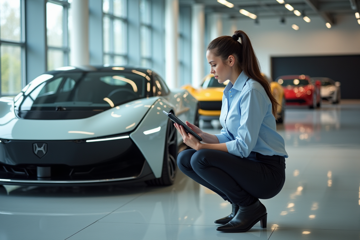 Jeune ingénieure inspectant une voiture électrique moderne