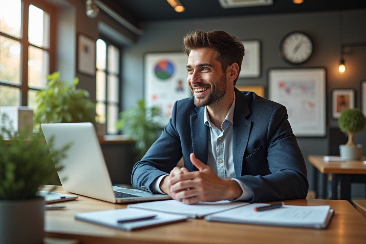 Jeune entrepreneur en coworking parlant en visioconference