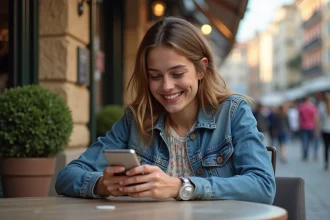 Jeune femme souriante au café avec smartphone en main
