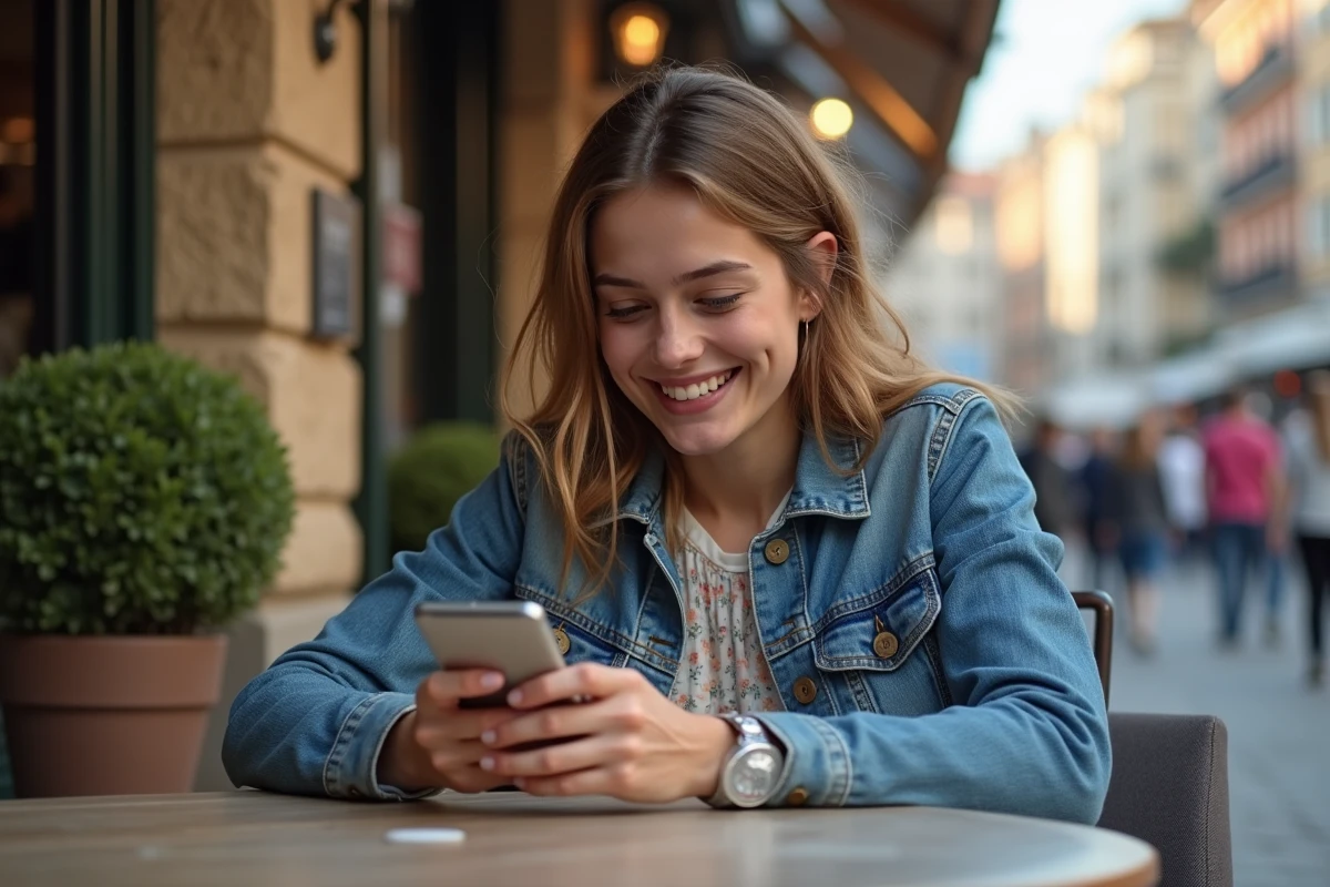 Jeune femme souriante au café avec smartphone en main