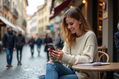 Jeune femme souriante utilisant une application de traduction en extérieur
