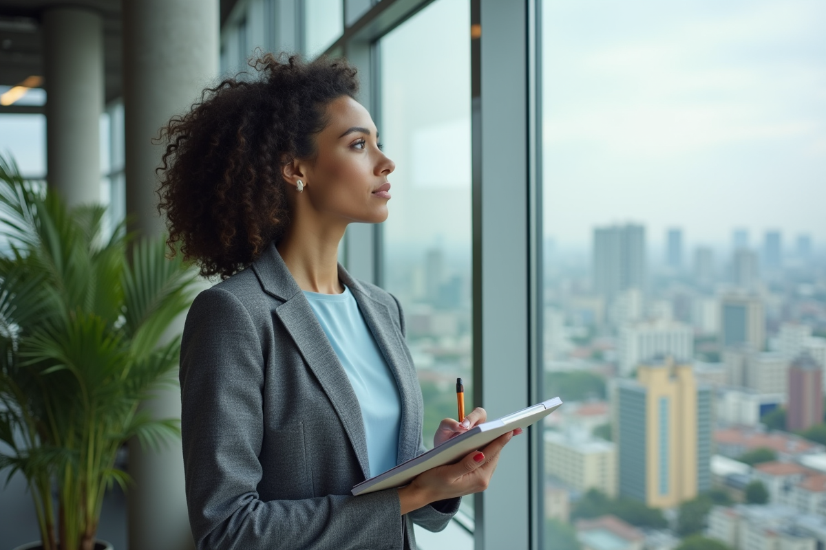 Jeune femme en coworking regardant la ville depuis la fenêtre