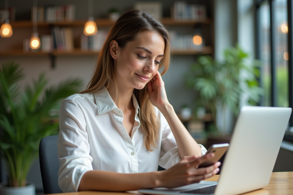 Jeune femme en bureau moderne travaillant sur son ordinateur