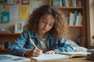 Jeune fille de 15 ans écrivant dans son carnet dans sa chambre