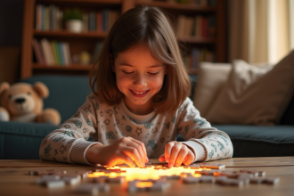 Jeune fille de 9 ans assemble un puzzle lumineux dans un salon chaleureux