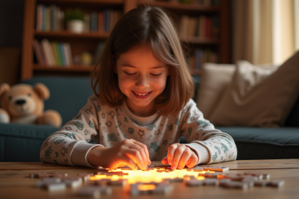 Jeune fille de 9 ans assemble un puzzle lumineux dans un salon chaleureux