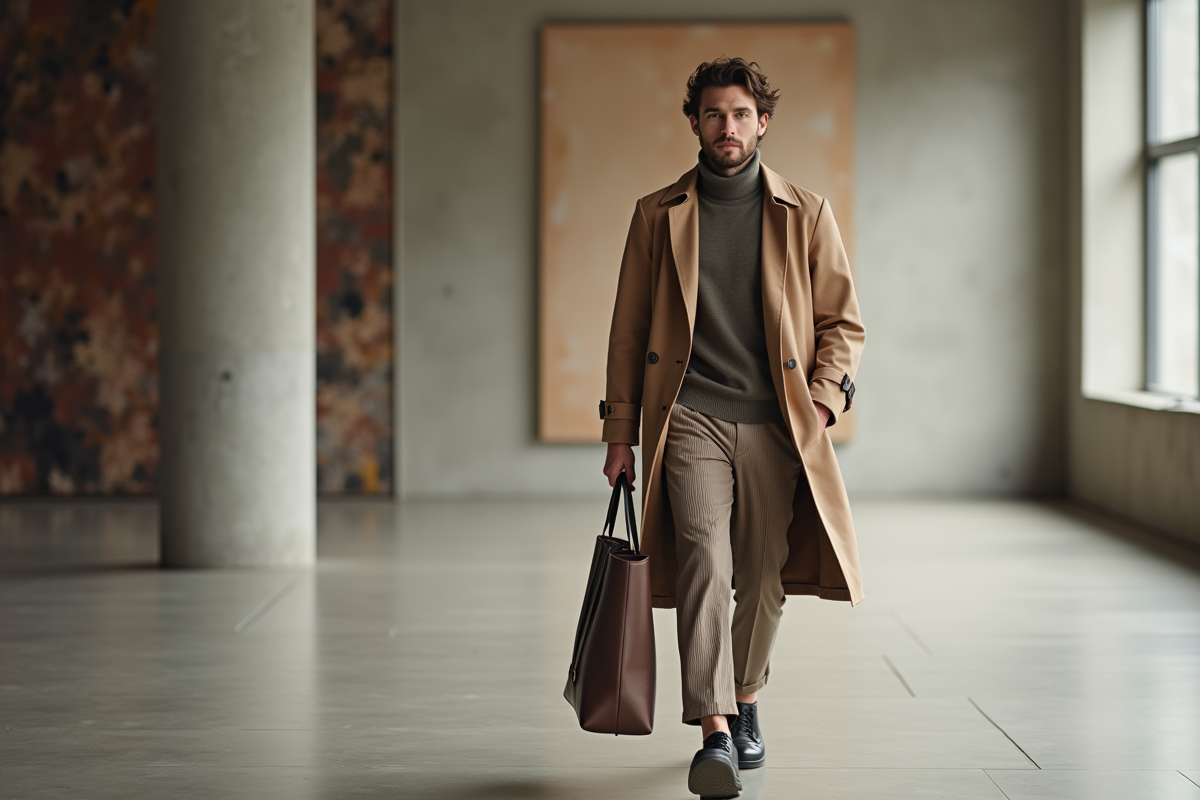 Jeune homme en trench dans une galerie moderne