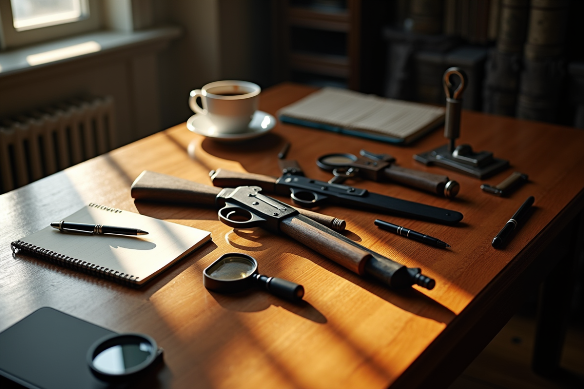 Sélection d'armes de Cluedo sur un bureau de détective