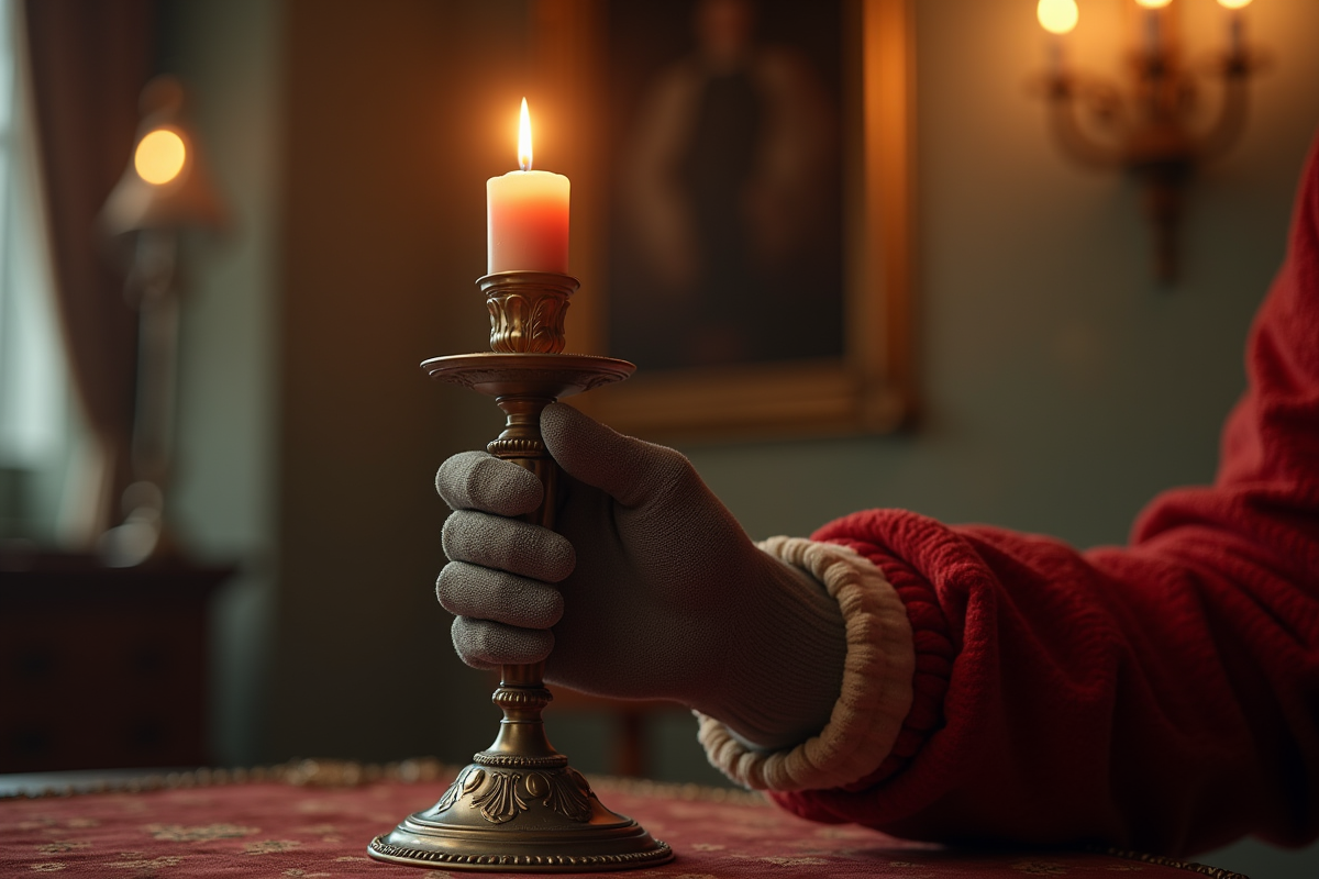 Main gantée tenant une candélabre vintage dans une maison élégante