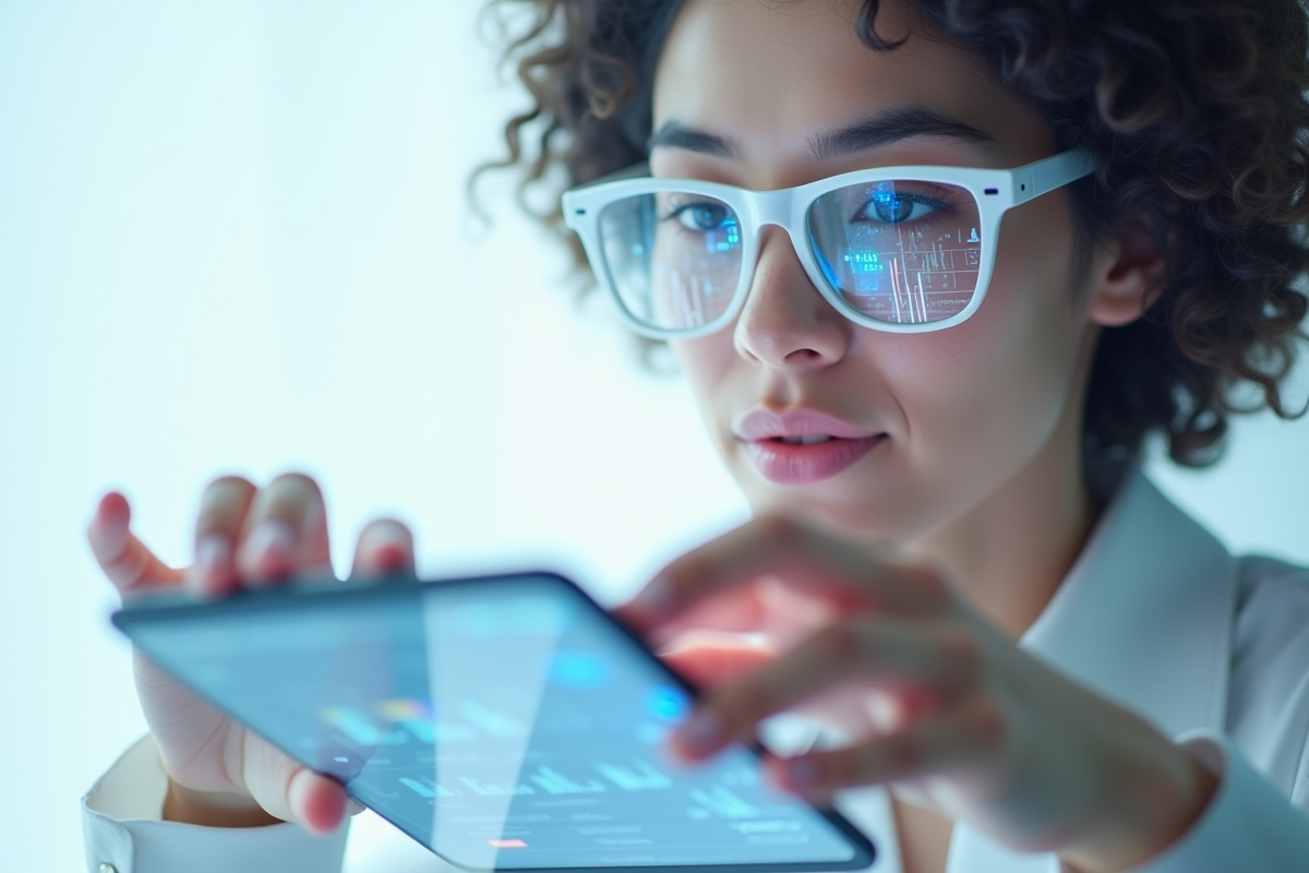 Mains utilisant un dispositif digital avec visualisations de données en arrière-plan