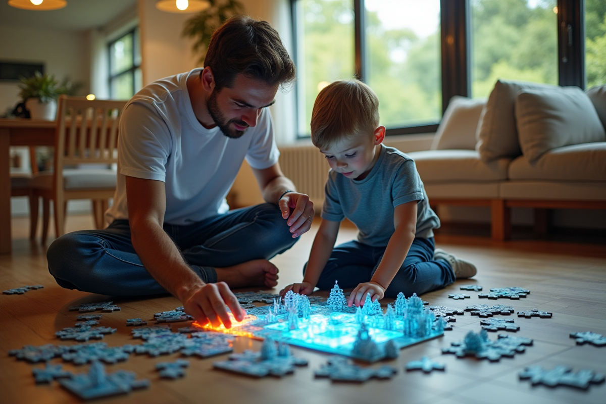 Père et fils de 12 ans collaborent sur un puzzle lumineux dans une salle à manger moderne