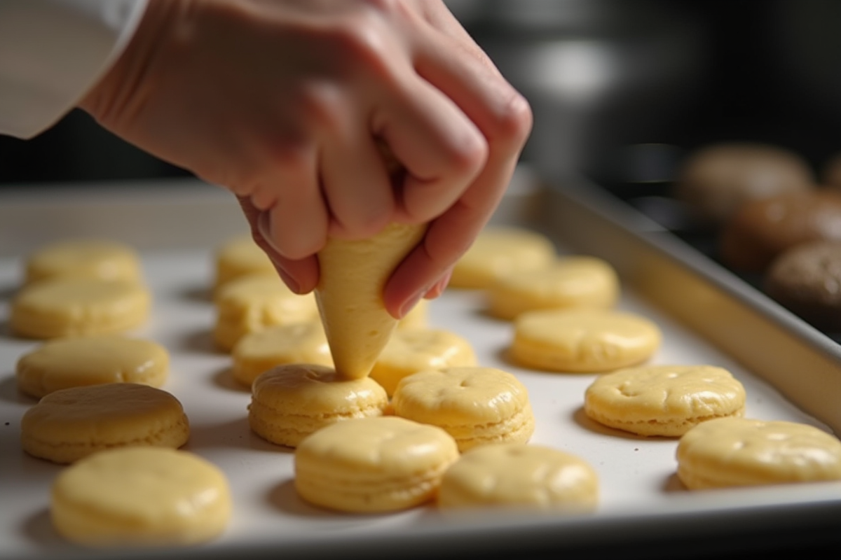 Chef piping la pâte joconde dans un fournil chaud