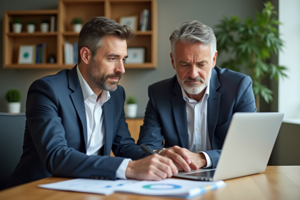 Homme et femme en réunion d'affaires avec un graphique digital