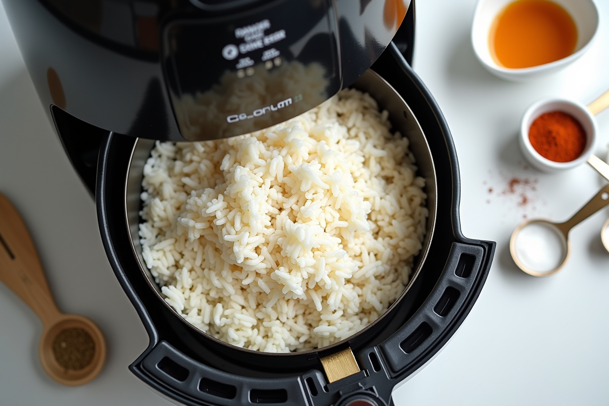 Riz cuit à la vapeur dans un panier d