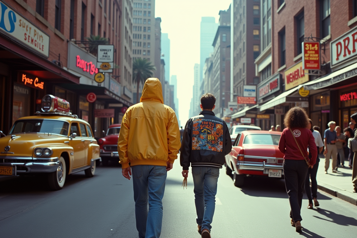 Rue animée de ville des années 90 avec mode et voitures vintage