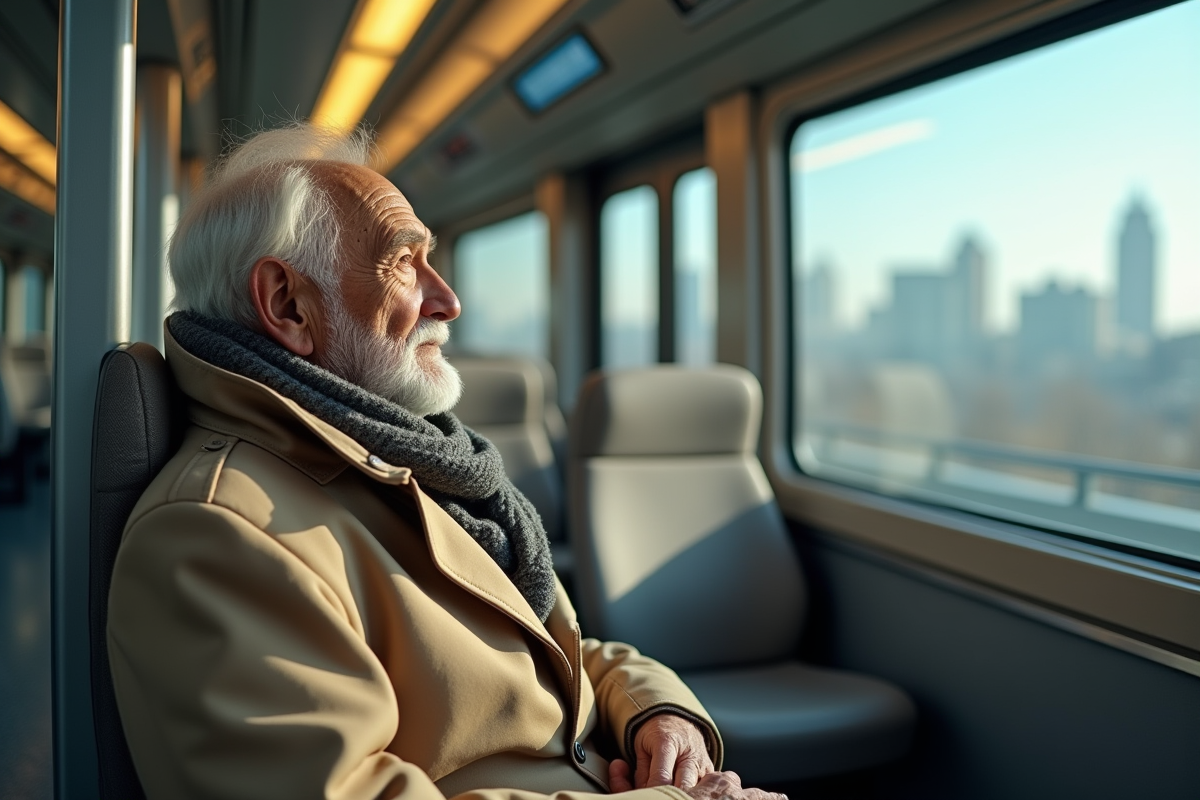 Senior voyageant dans un train à grande vitesse moderne